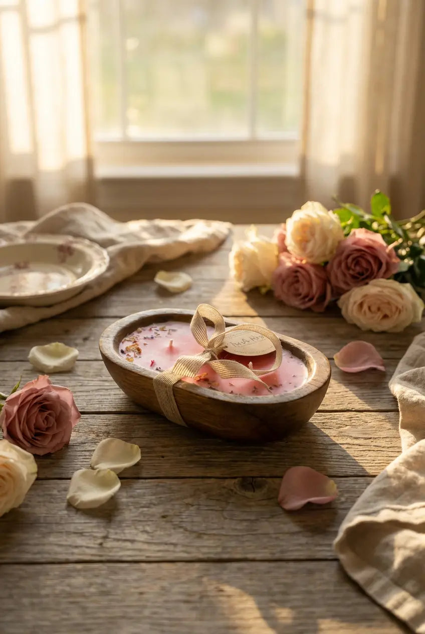 Fresh Rose Candle in Hand-carved Bowl | Organic Soy Candle