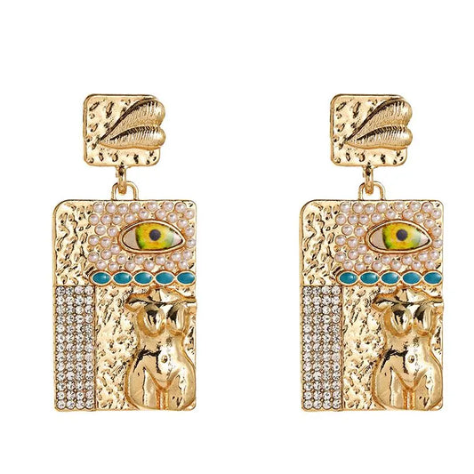 Gold Color Vintage Geometric Square Human Earrings Wholesale