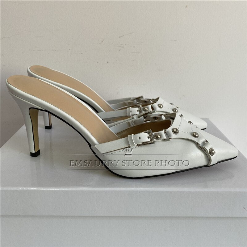 Sexy Rivet Decor Buckle Belt Point Toe Sandals Women Thin High Heel Genuine Leather Slingbacks Party Shoes Summer