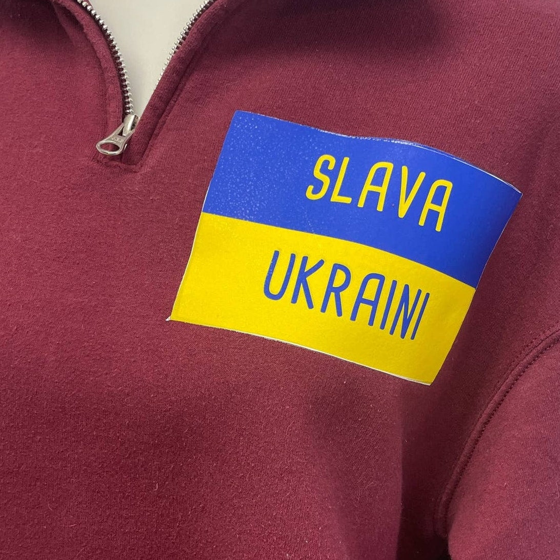 Hand Printed Upcycled Mens Medium Slava Ukraini Long Sleeve 1/4 Zip Sweatshirt