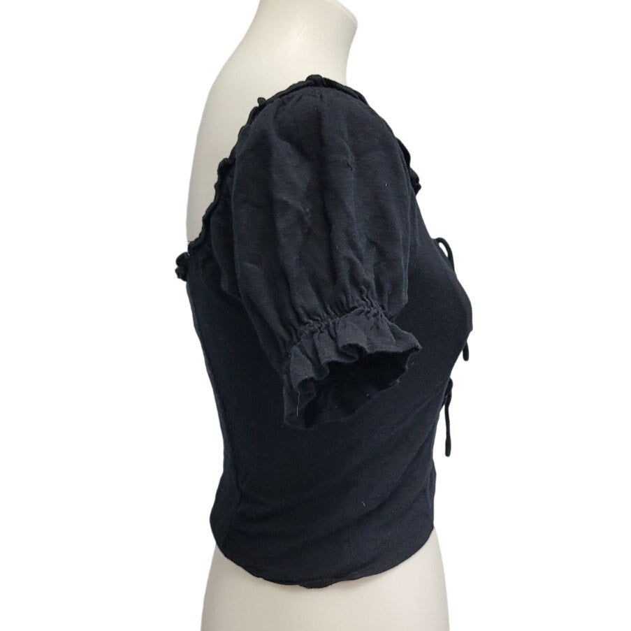 Crave Fame Womens Medium Cropped Scoop Neck Front Lace Up Stretchy Black Top