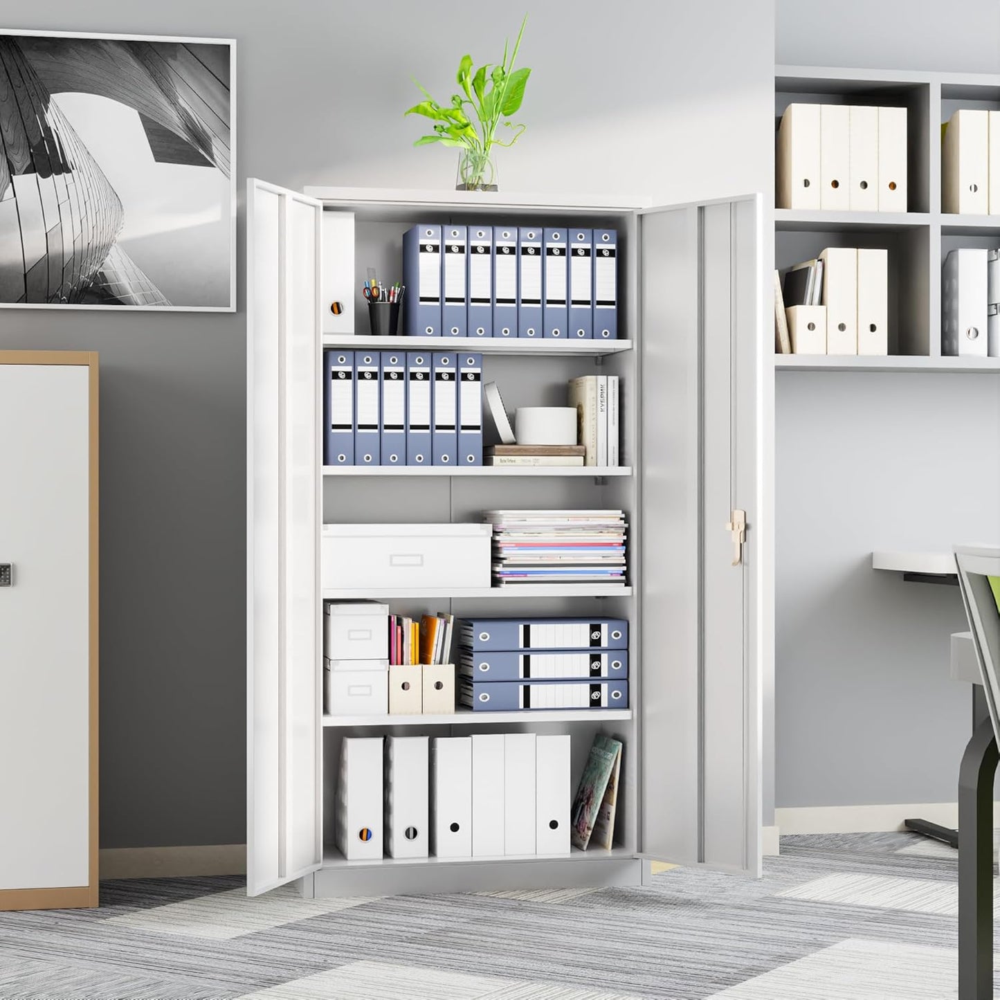 SUPEER Metal Storage Cabinet With 2 Door And 4 Adjustable Shelves,180CM Tall Steel Cabinet For Warehouse,Garage,Home,Office,Easy Assemble Required White