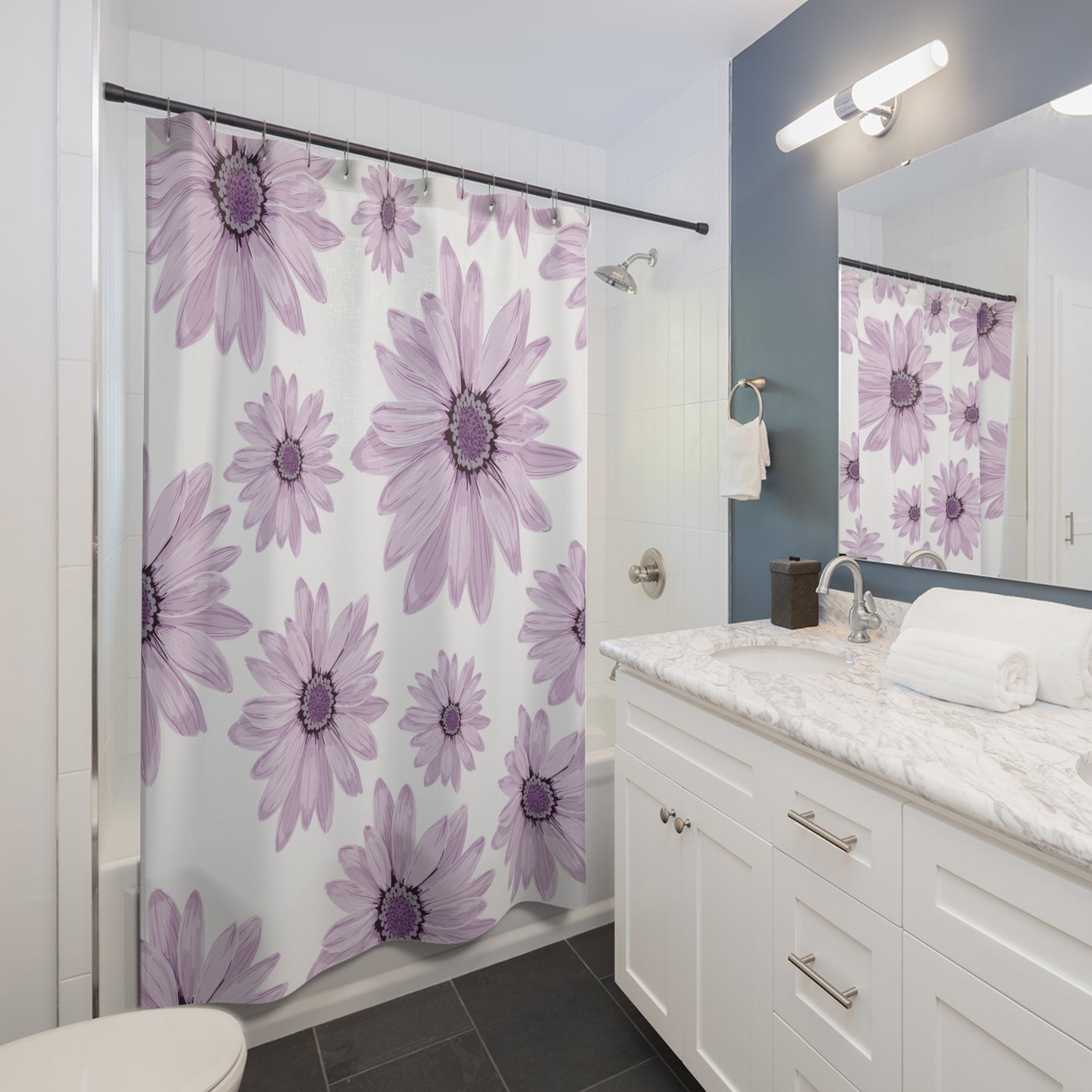 Elegant Floral Shower Curtain, Purple Flower Bathroom Decor, Modern Home Accessory, Gift for Her, Spring Inspirations