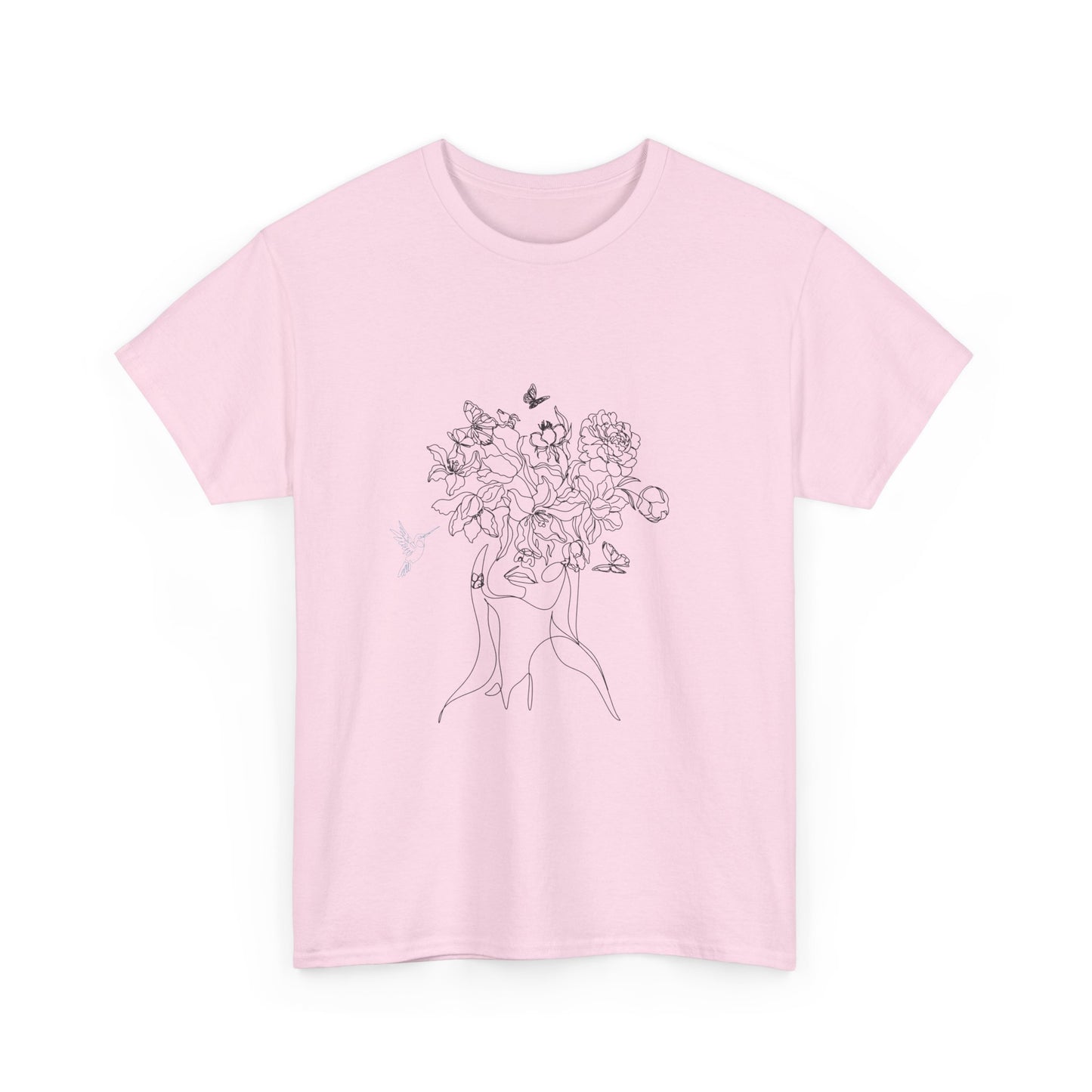 Floral Art Sketch Woman Flowers Hummingbird Unisex Heavy Cotton Tee - Beautiful Gift for Her, Everyday Comfort, Spring Style, Unique Graphic Shirt