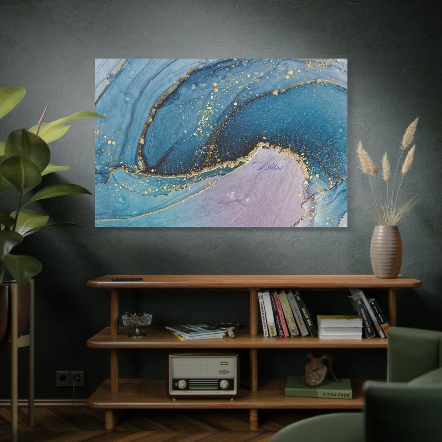 Canvas Wall Art, Abstract Ocean Wave, Modern Decor, Home Office, Gift for Her, Blue Gold Artwork, Living Room Wall Decor