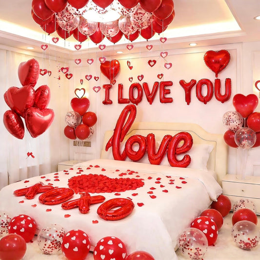 1100 stukke Valentynsdagballonne-stel met XOXO, Rooi Hart en Ek is lief vir jou ballonne, 1000 syroosblare, 50 harthangers vir Valentynsdagversierings, herdenking, voorstel, romantiese troue