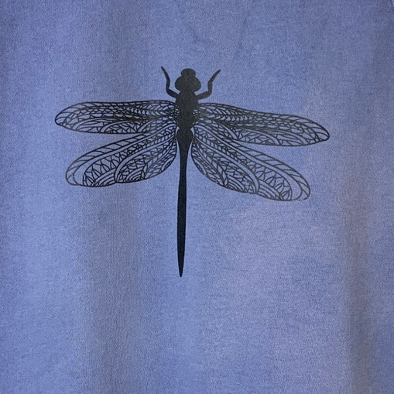 Upcycled Hand Printed Womens Medium Blue Dragonfly Long Sleeve Crew Sweatshirt