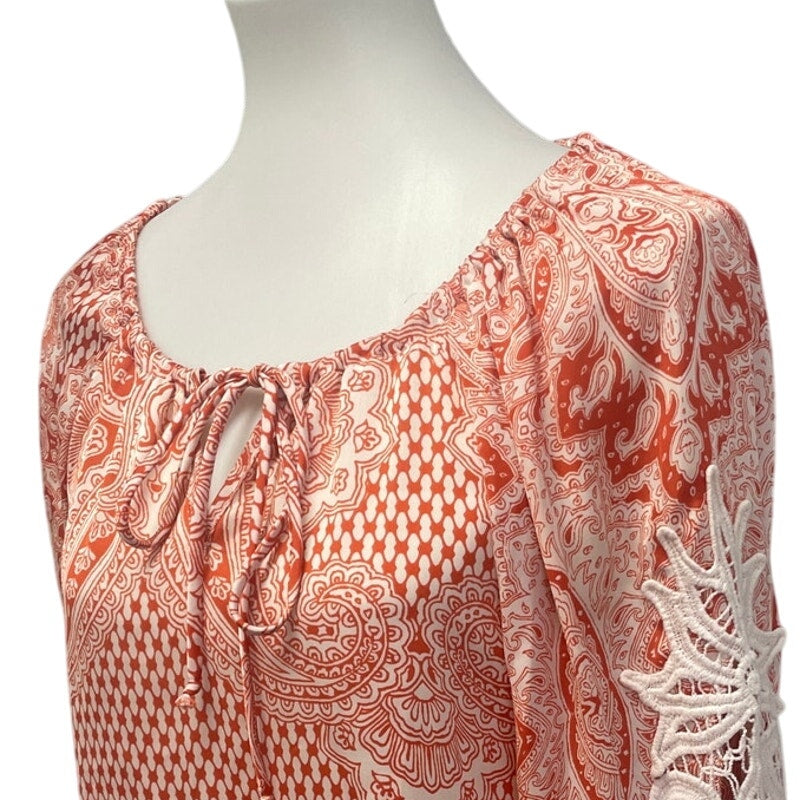 Cha Cha Vente Womens Medium Long Sleeve Boho Lacy Paisley Front Tie Blouse Top