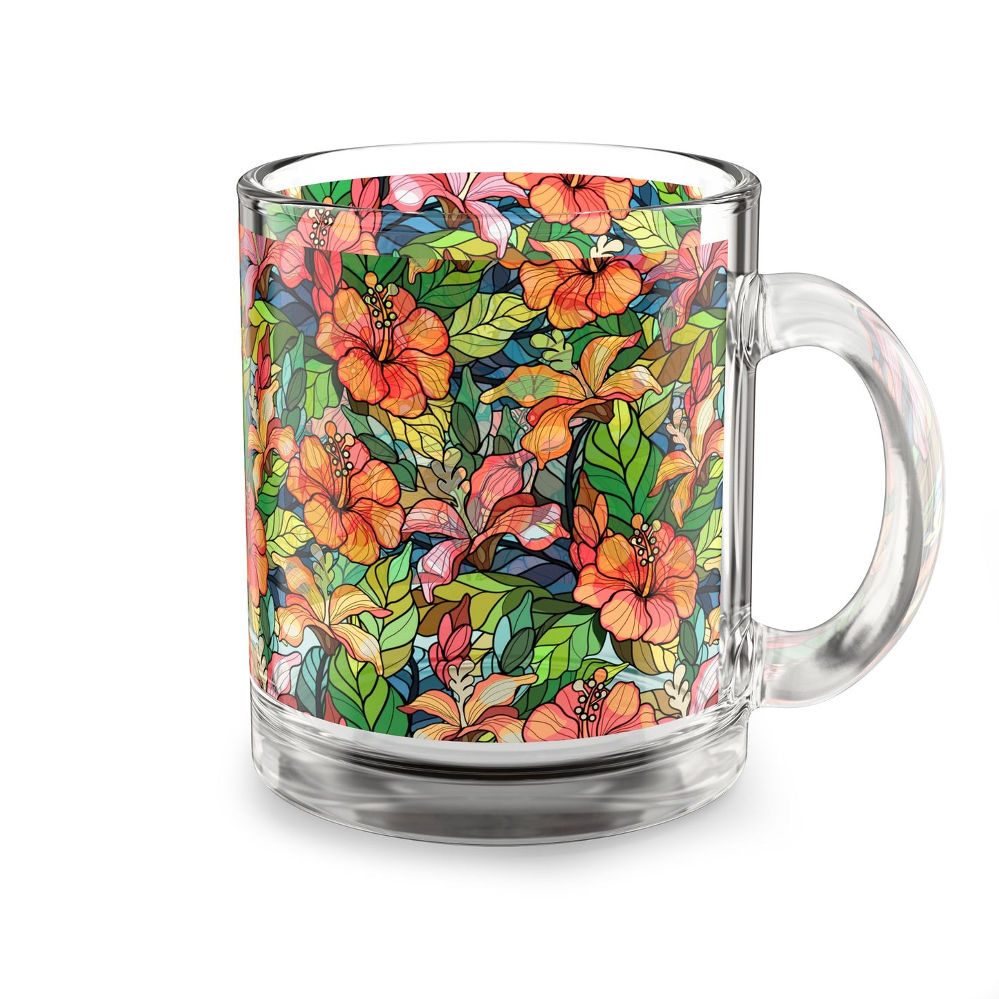 Multicolor Hibiscus Floral Print Stained Glass Mug, 10oz Glass Mug