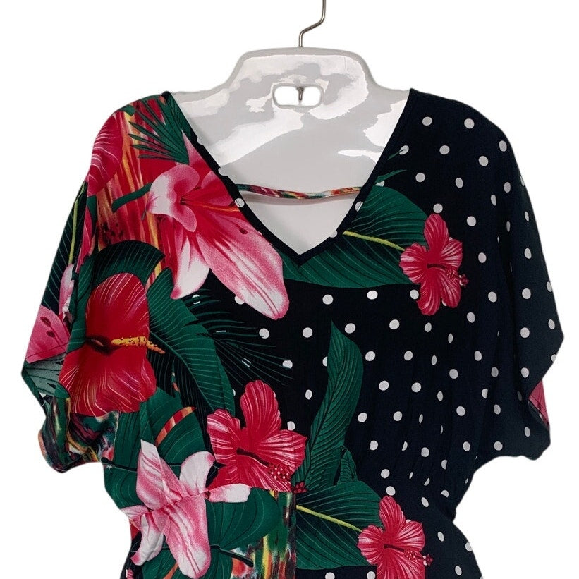 Emery Rose Womens Medium Polka Dot Floral Short Sleeve V Neck Back Zip Romper