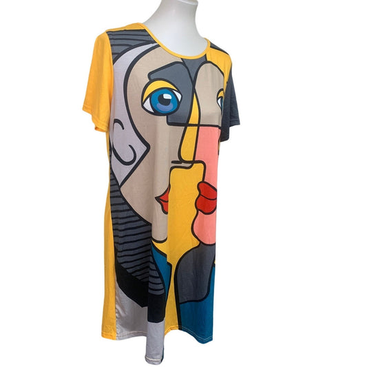 Emery Rose Womens Medium Abstract Art Faces Short Sleeve Crew Neck T Shirt Dress