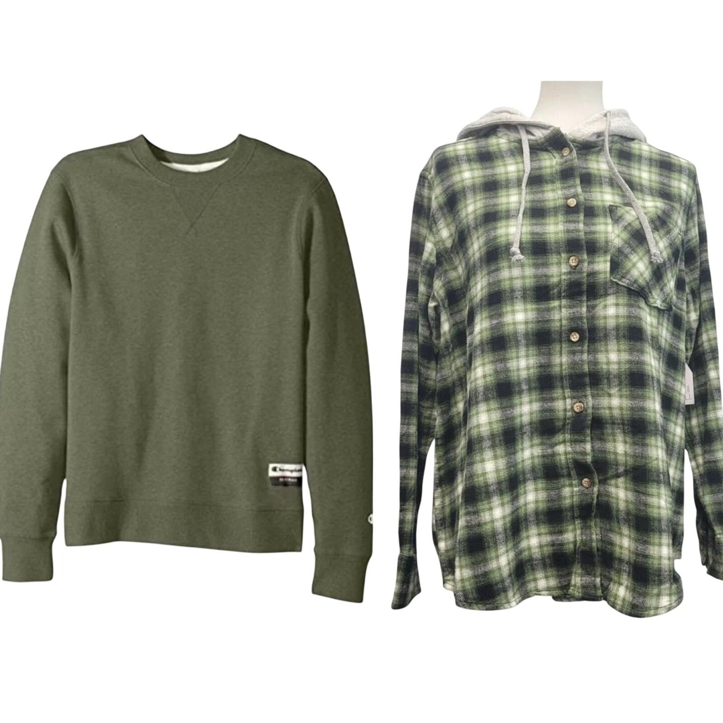 New Champion Unisex Small Green Pullover Sweatshirt w Bonus Plaid Flannel Hoodie