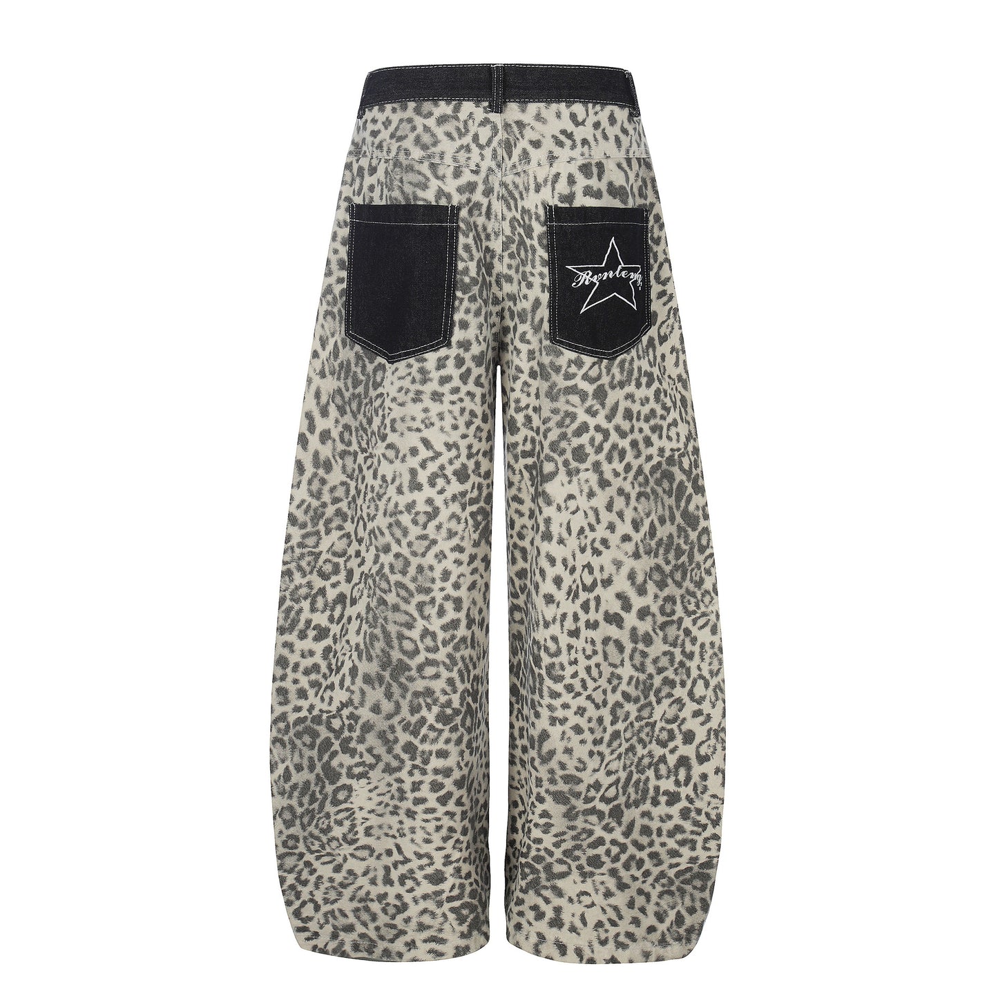 Leopard Print Patchwork Jeans Unisex High Waist Slimming Versatile Floor-Length Trousers