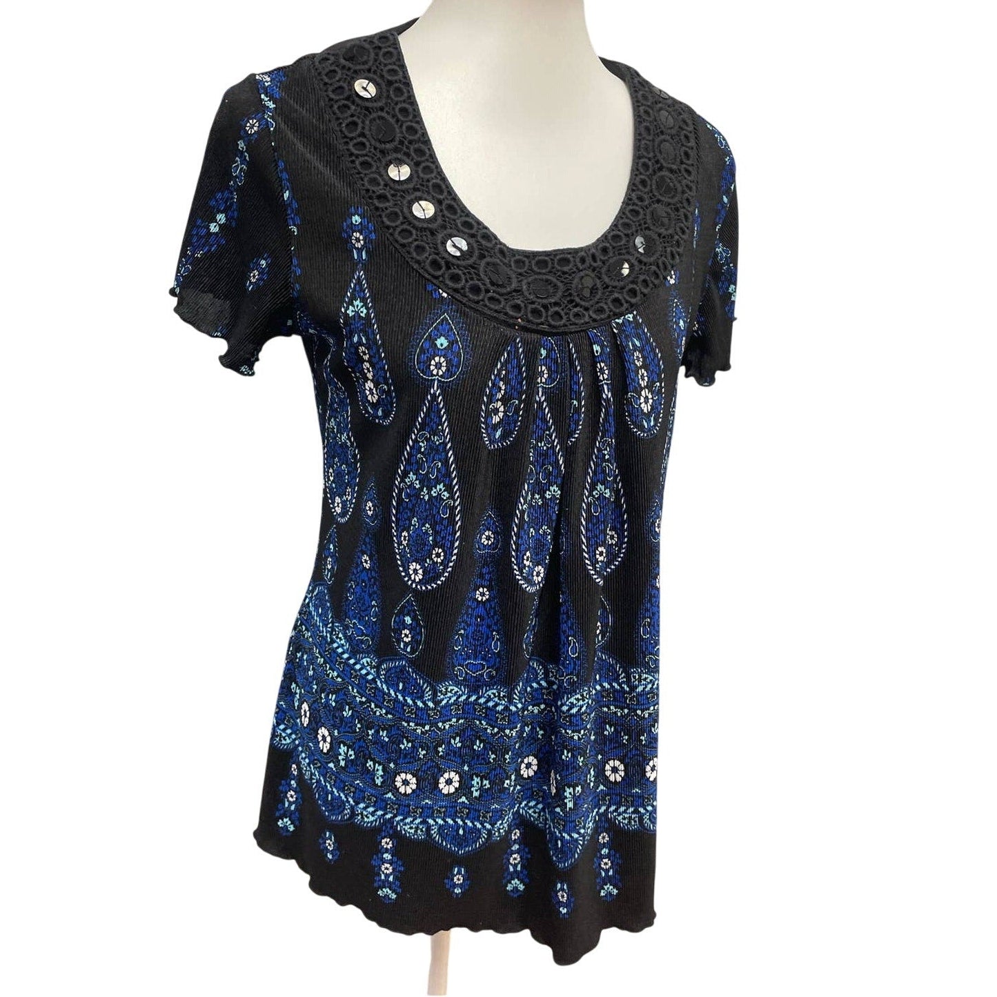 Elementz Womens Large Stretch Pleated Polyester Sequin Lace Short Sleeve Blouse
