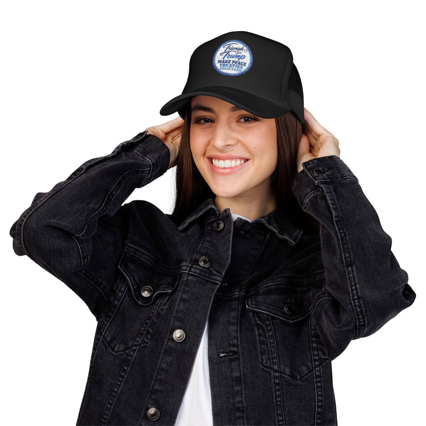 "Triumph for Trump: Make Peace Treaties Great Again" ✨EMBROIDERED Foam Trucker Hat — Vintage Trump Campaign Patch, Only @ LuxeByMimi✨