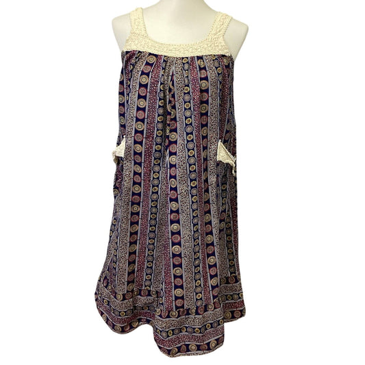 J Mang's XL Cotton Lace Trim Sleeveless Boho Print Made In Philippines Dress