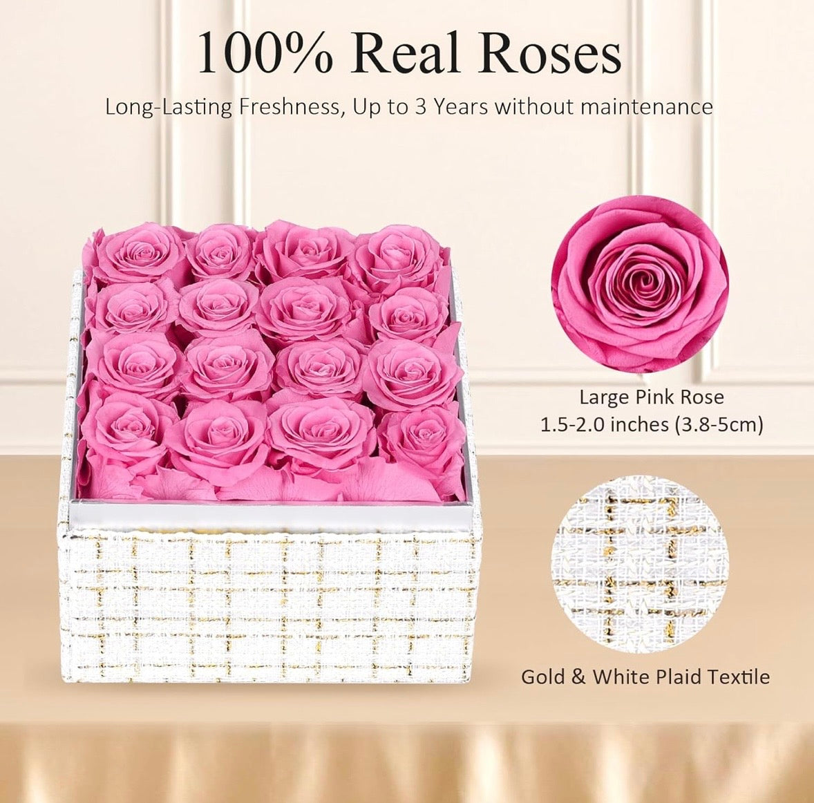 “Chic Thrills” 16 Count Preserved Rose Box, Eternal Pink / Red Forever Flowers Roses in Acrylic Box