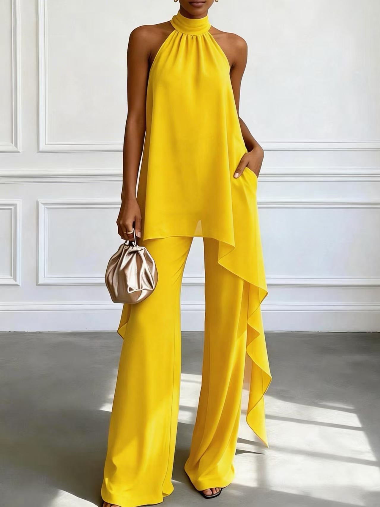 Womens Backless Sleeveless Irregular Top And Pants Two-Piece Set