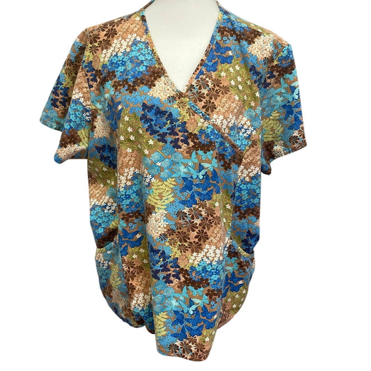 Womens 2X Butterflies Flowers Floral Short Sleeve Cotton Blend Scrub Top Pockets