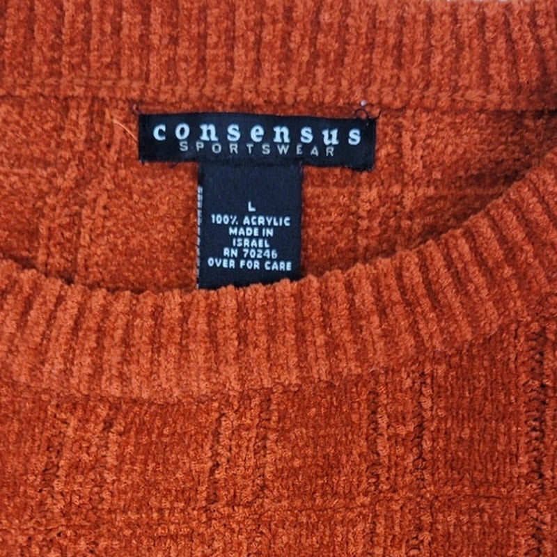 Consensus Mens Large Acrylic Long Sleeve Textured Grid Orange Knit Sweater