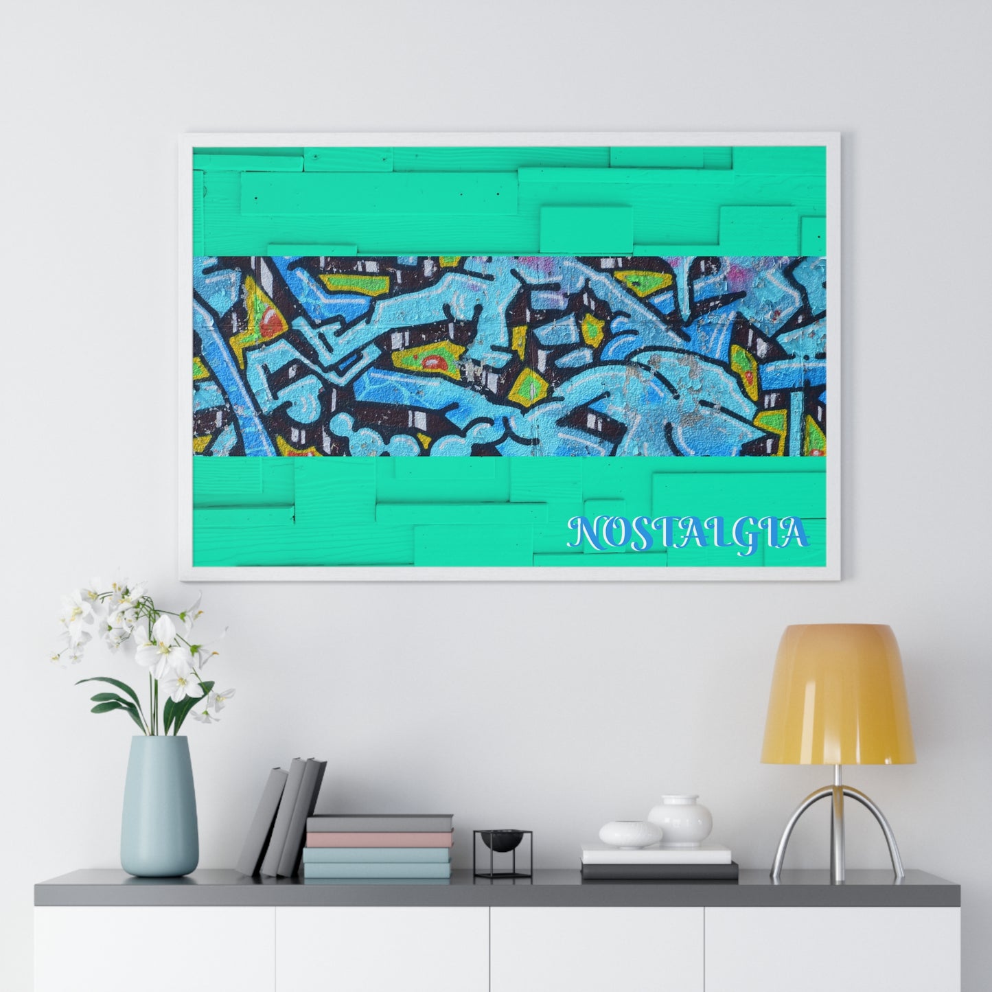 Nostalgia Graffiti Horizontal Framed Poster — Teal Urban Street Art Print