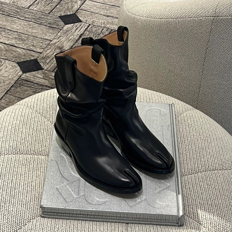 Fashion Tabi Split Toe Ankle Boots Solid Pleated Chunky Heel Boots Banquet Runway Shoe for Women 2023 Autumn Newest Novelty Sexy