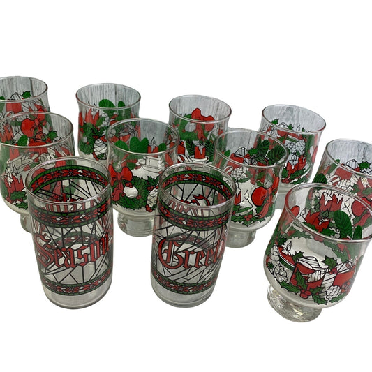 Lot of 11 Vintage Footed Christmas Wreath Candle Seasons Greetings Drink Glasses
