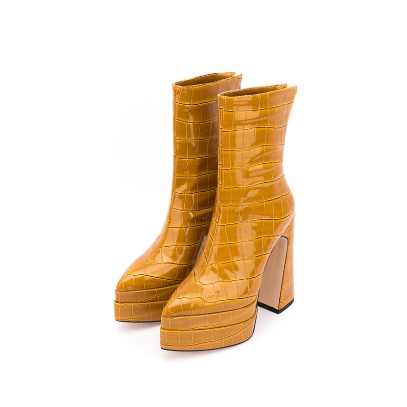 Women's Autumn and Winter New European and American Fashion Stone Pattern Thick High-heeled Thick-soled Pointed Ankle Boots