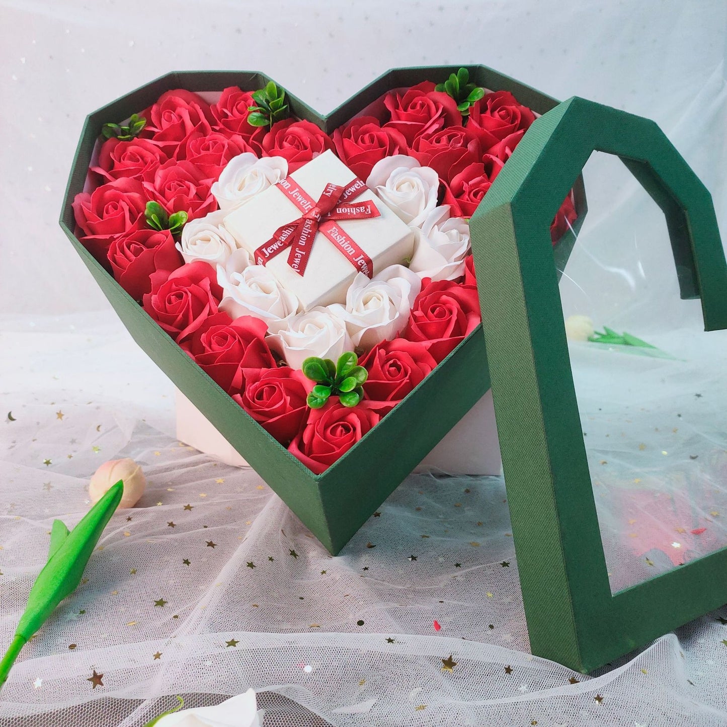 Valentine's Day Companion Romantic Roses Gift Box Open Window Transparent Diamond Heart-Shaped Gift Box