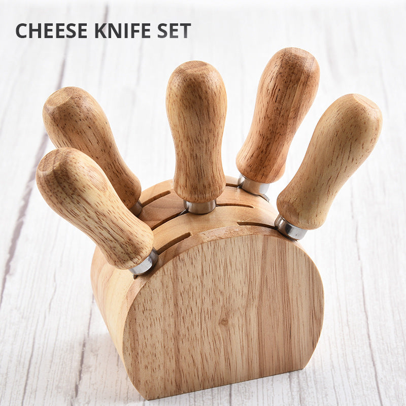 Stainless Steel Cheese Butter Spatula 5-Piece Gift Set Rubber Wooden Knife Socket