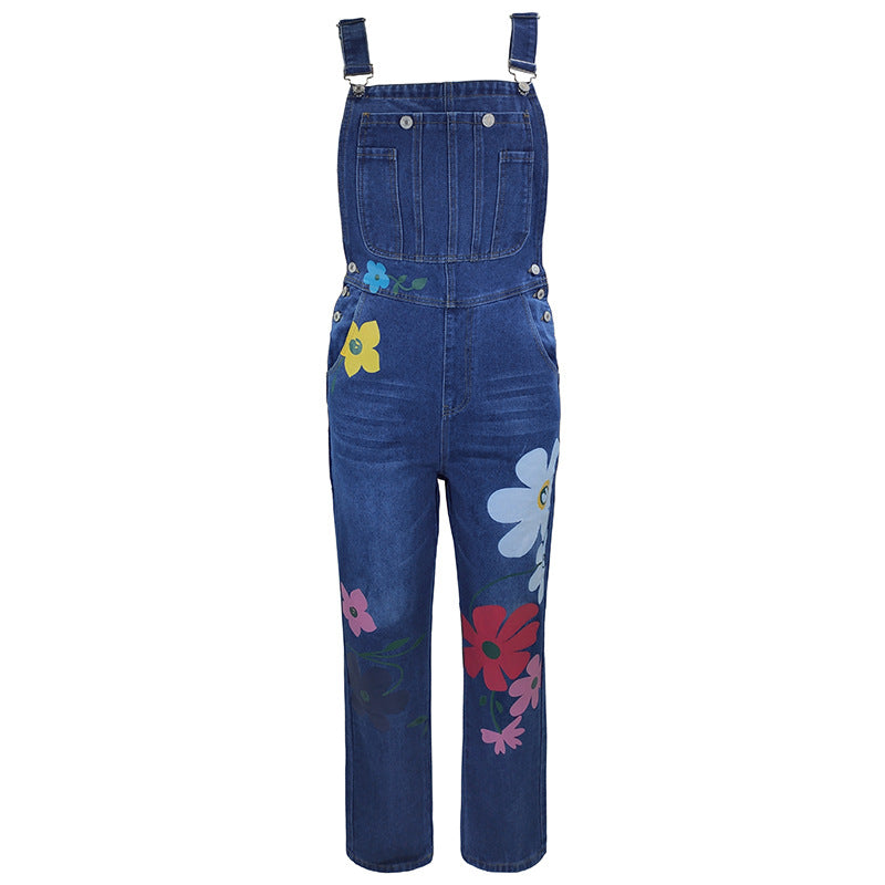 Printed jeans with non elastic straps and long pants straight tube