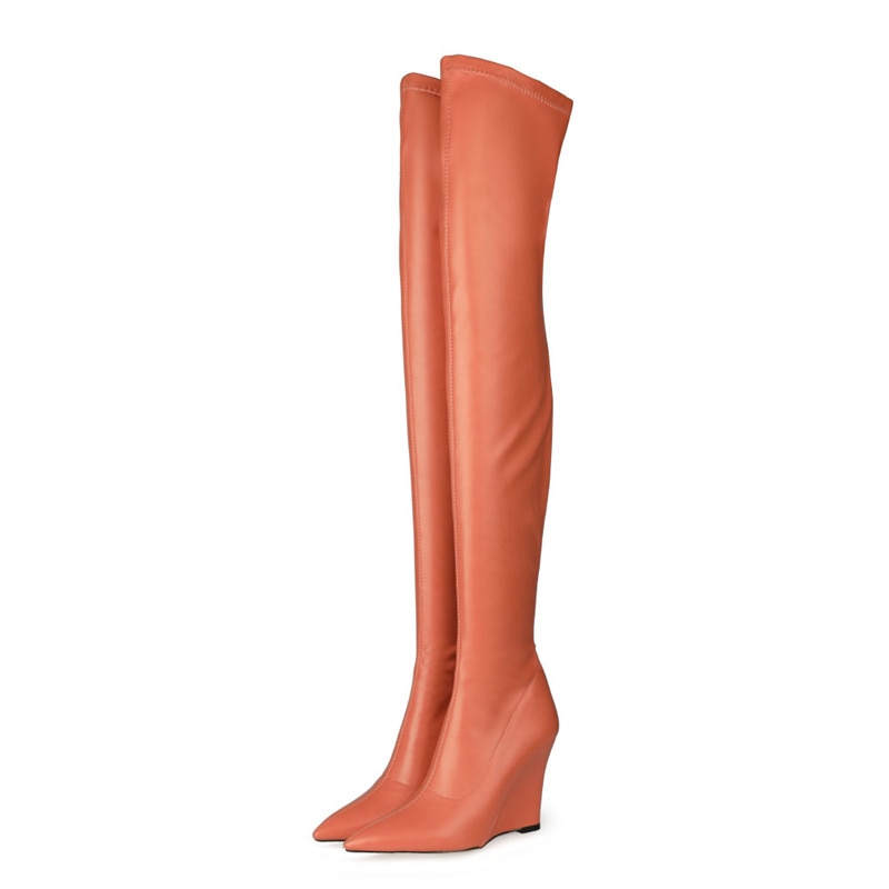Elegant Woman Thigh High Botas Outdoor Wedges Leather Slip-on Ladies Shoes Thick Bottom Over-knee Boots Big Size 33-43