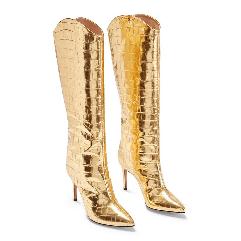 Fashion Women's Shoes Pointed Toe Stilettos Heels Sexy Elegant Ladies Boots Slip-on Gold Knee High Boots 45