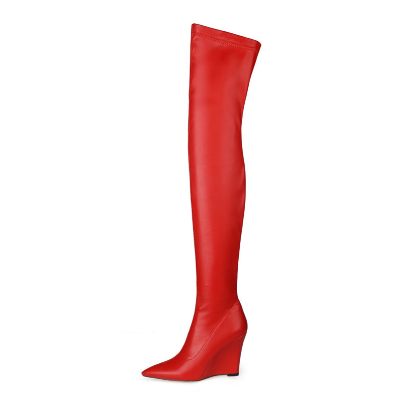 Elegant Woman Thigh High Botas Outdoor Wedges Leather Slip-on Ladies Shoes Thick Bottom Over-knee Boots Big Size 33-43