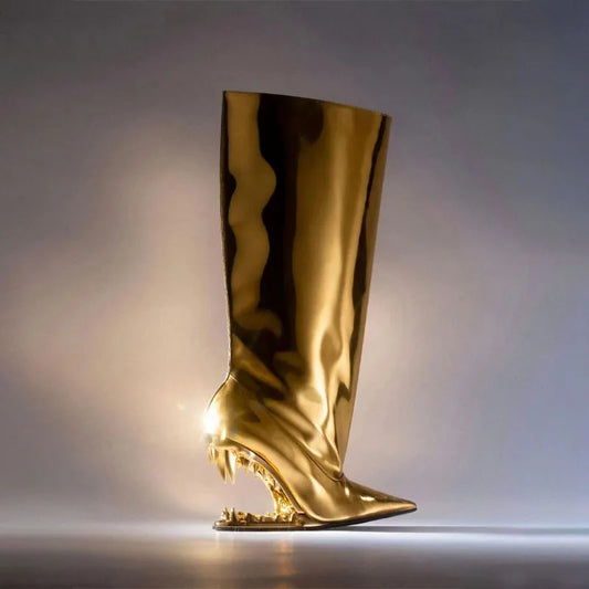 European and American New Shiny Face Women's Knee Length Boots Fashion Pointed Teeth Design High Heel Show Boots