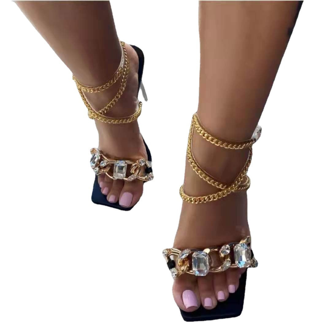 New Square Toe Snake Print Sandals Feminine High Heels Rhinestone Lace Up Women's Shoes Large Size