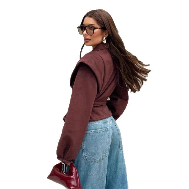 Vintage Wine Red Belted Coat Women Design Loose V-Neck Suede