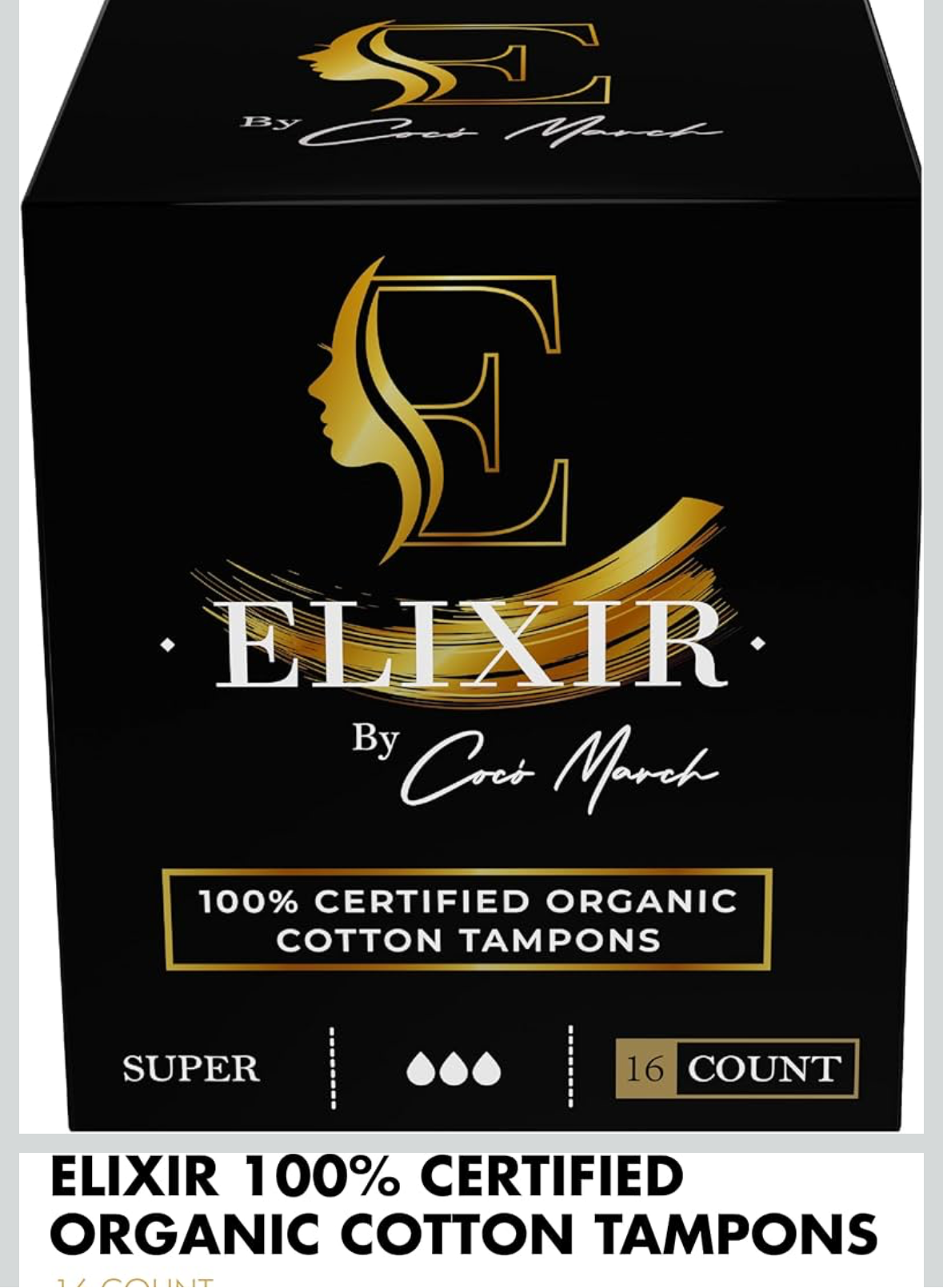Elixir 100% certified organic cotton tampons packaging on a product gallery page.