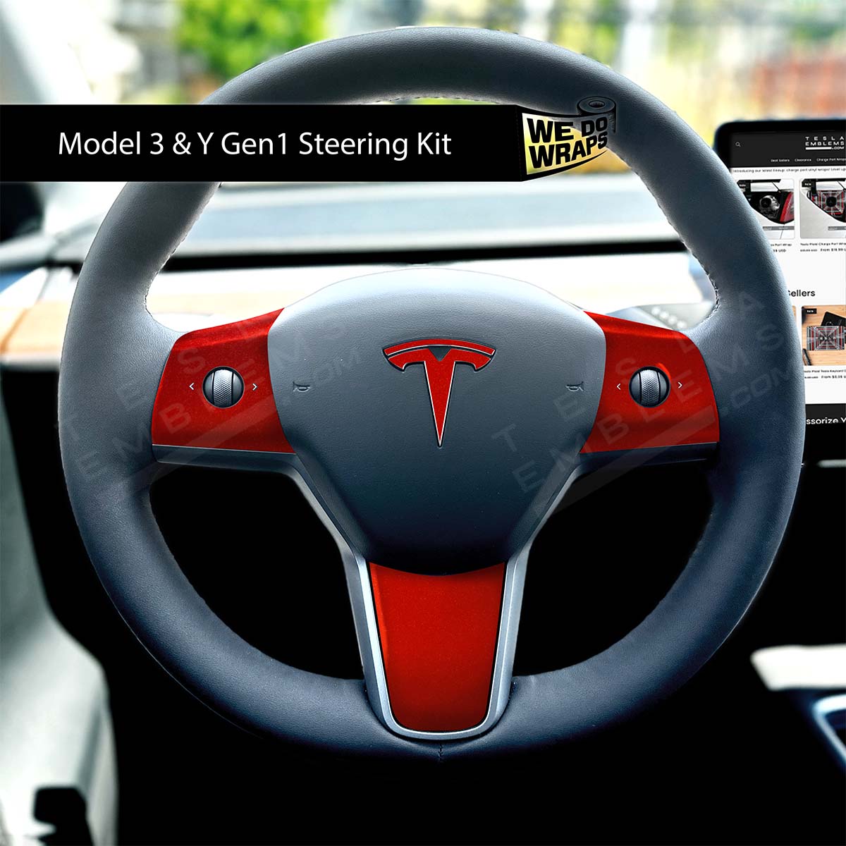 3M Gloss Dragon Fire Red Tesla Steering Wheel Wrap | MY 2019-'25