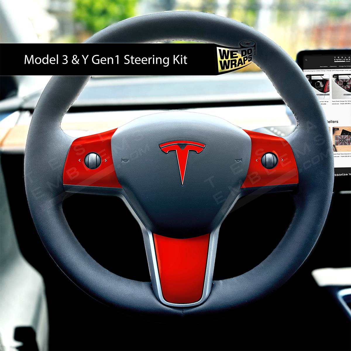 3M Gloss Hot Rod Red Tesla Steering Wheel Wrap | MY 2019-'25