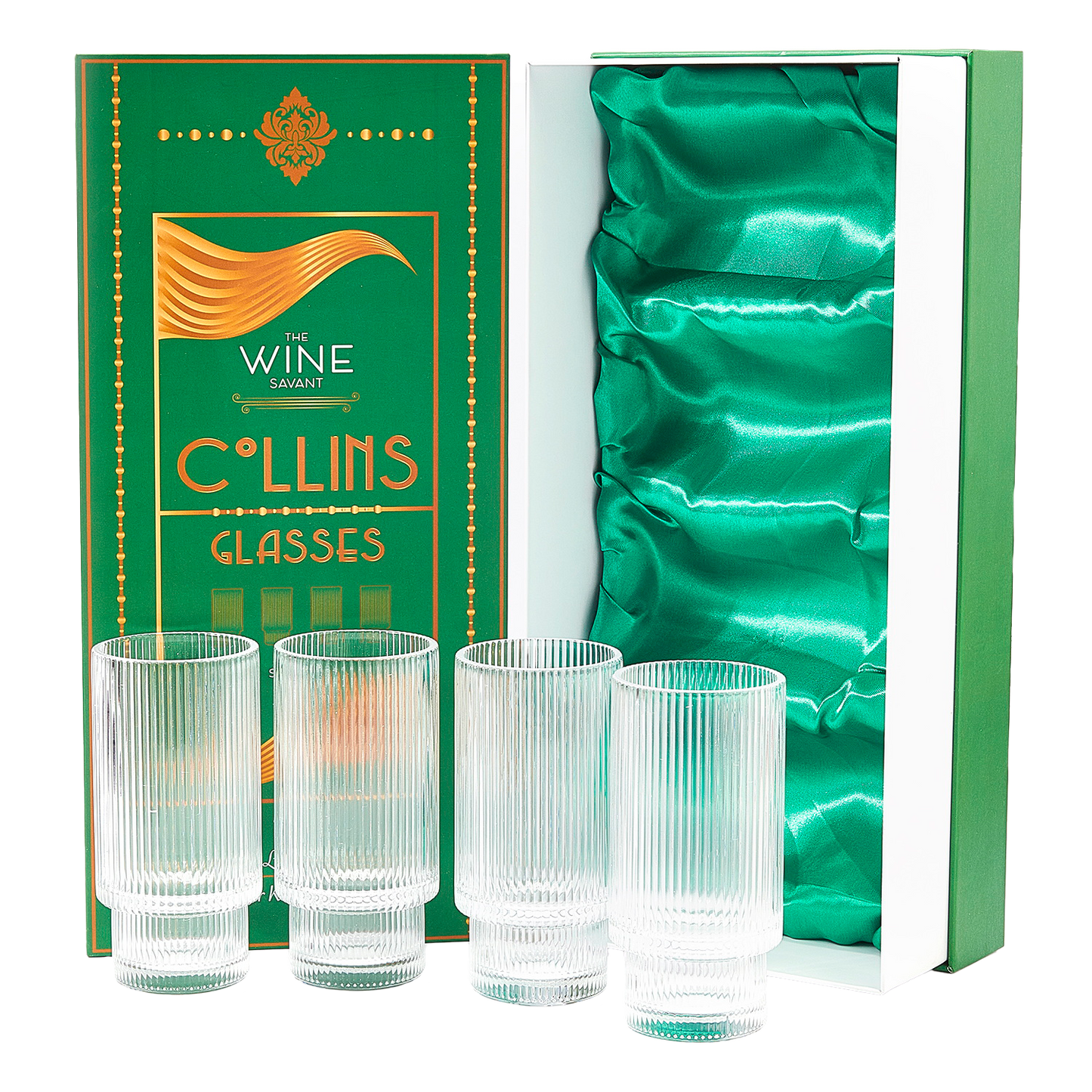 Vintage Art Deco Crystal Highball Ribbed Glass Set of 4 - Ripple, Collins Glassware 14oz Classic Crystal Cocktail Glasses Perfect for Water, Champagne, Beer, Juice, Tom Cocktails - Barware Tumblers-0