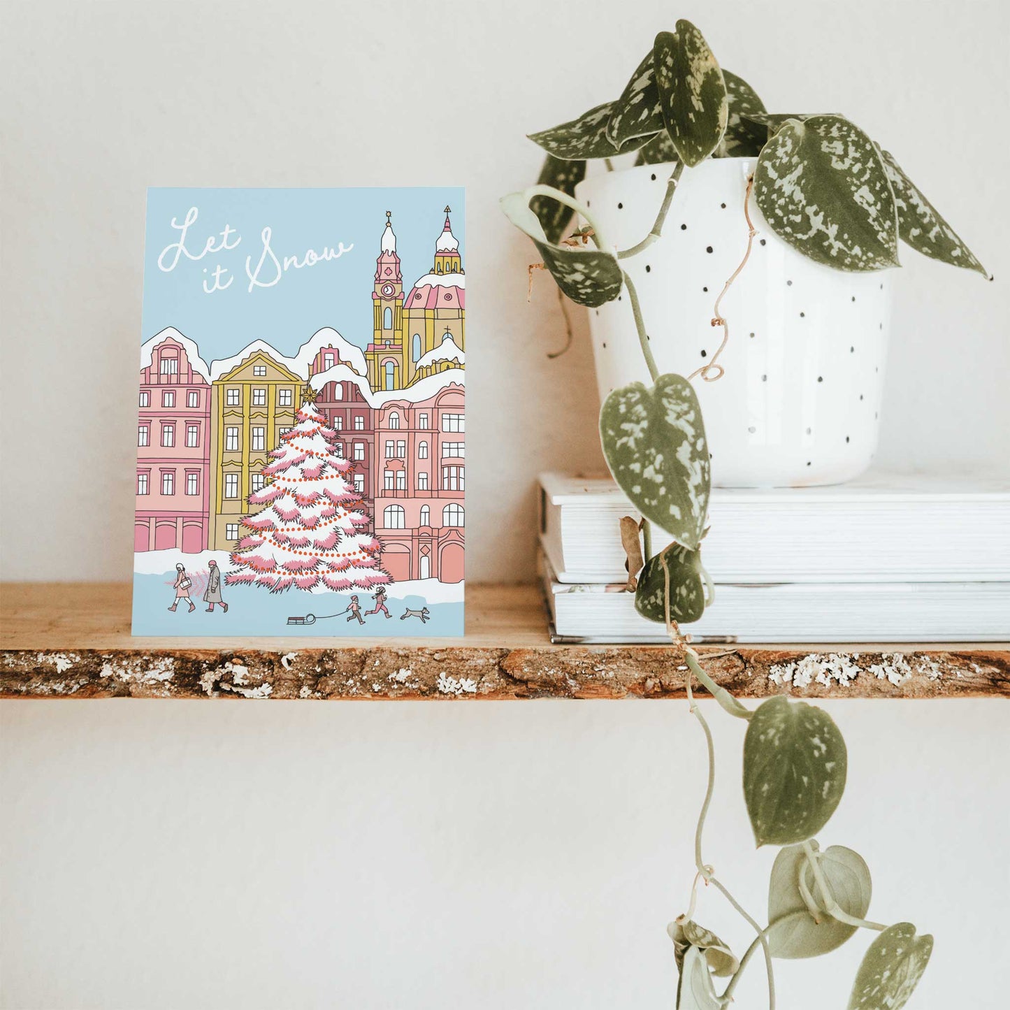 Snowy Pink Town Holiday Greeting Cards, Set of 24