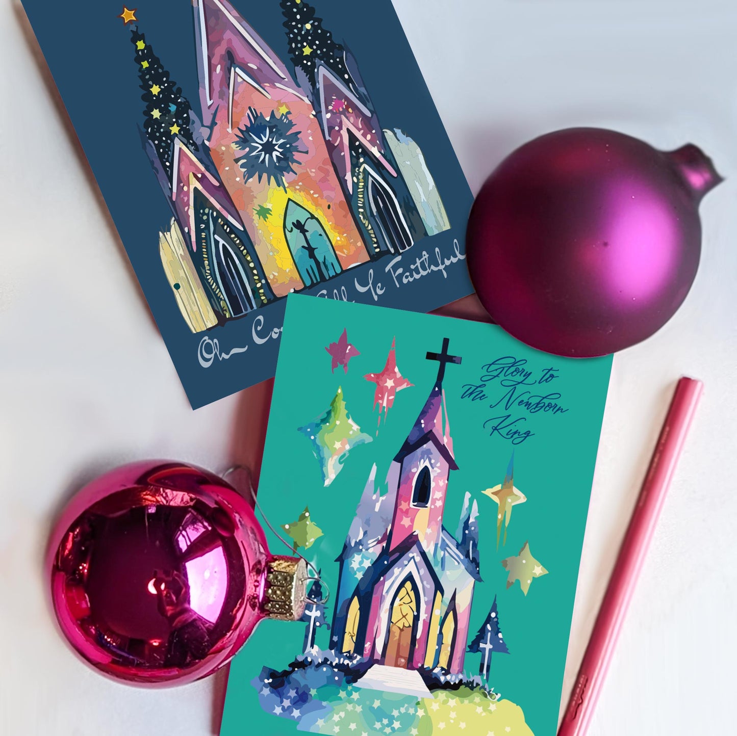 Whimsical Church Christmas Greeting Cards, Set of 24