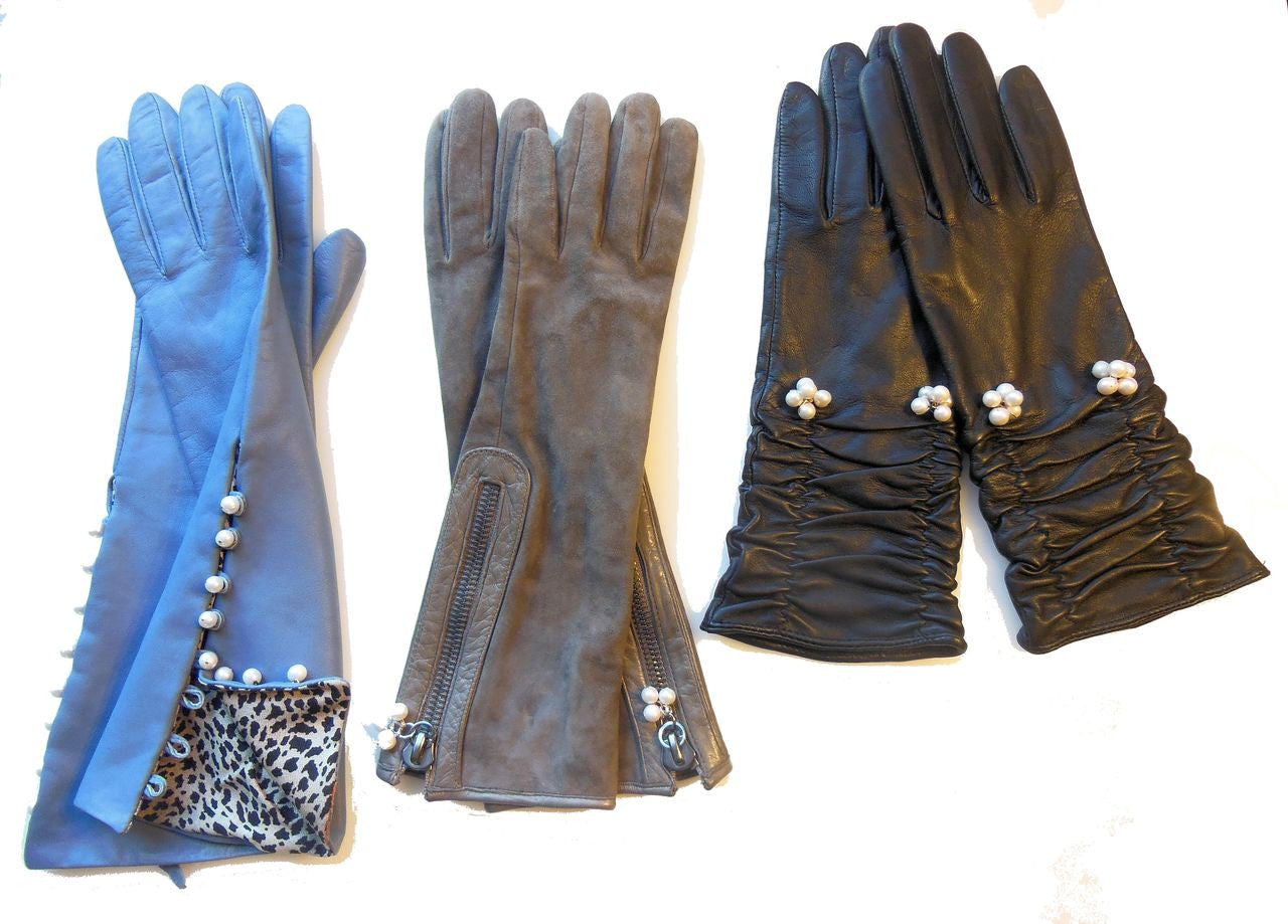Taupe Suede Gloves with Genuine Pearl Cluster as Zipper Pull-3
