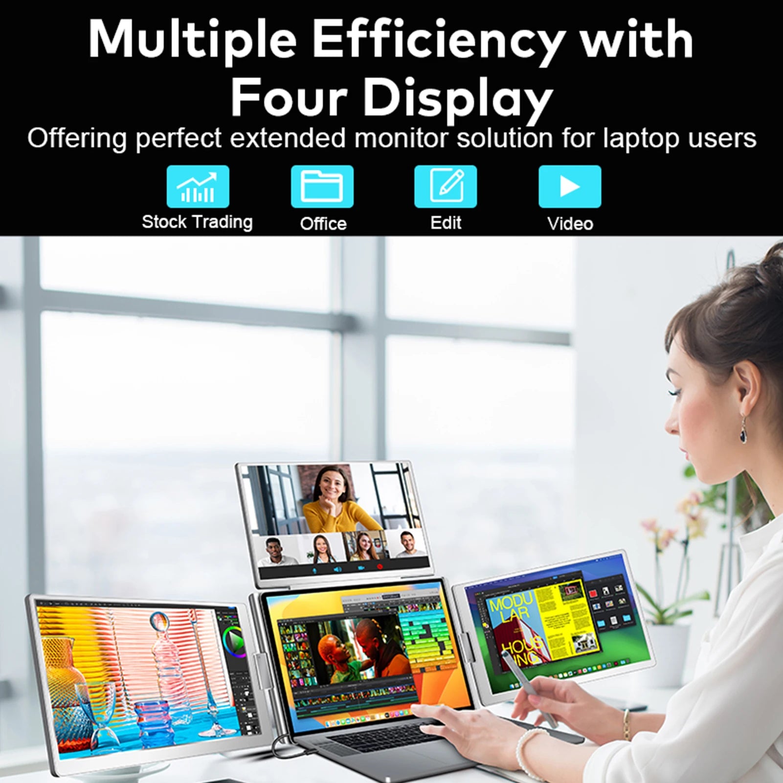 Person using a laptop with multiple displays in a bright office setting, showcasing extended monitor solution for laptop users.