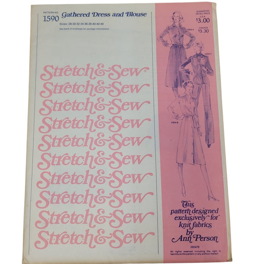Vintage 1978 Stretch & Sew 1590 Gathered Dress And Blouse Uncut Sewing Pattern
