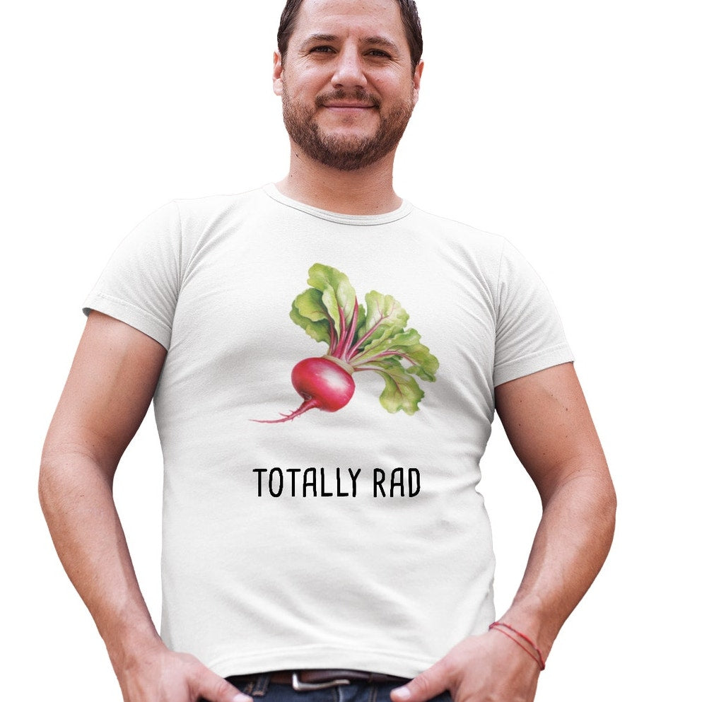 New Hand Printed Adult Large Totally Rad Radish Veggie Short Sleeve Tee Shirt