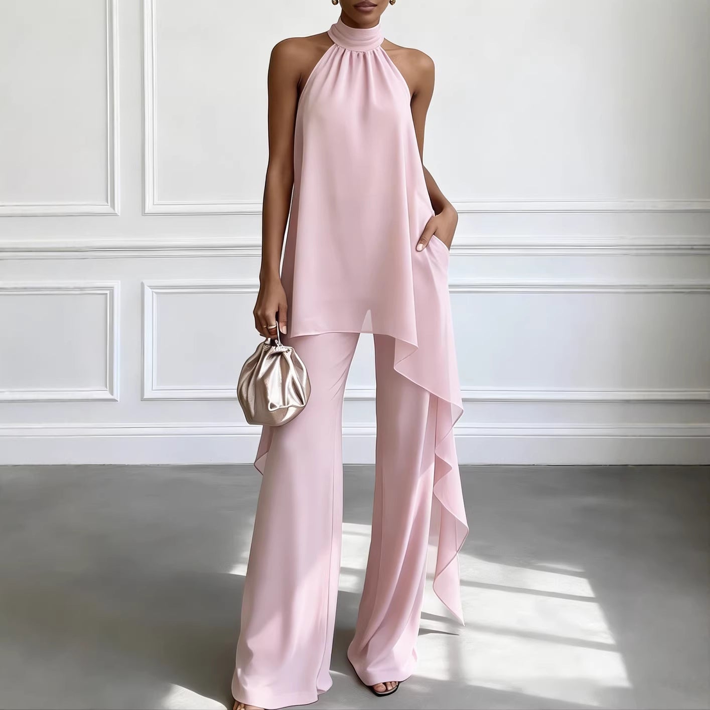 Womens Backless Sleeveless Irregular Top And Pants Two-Piece Set