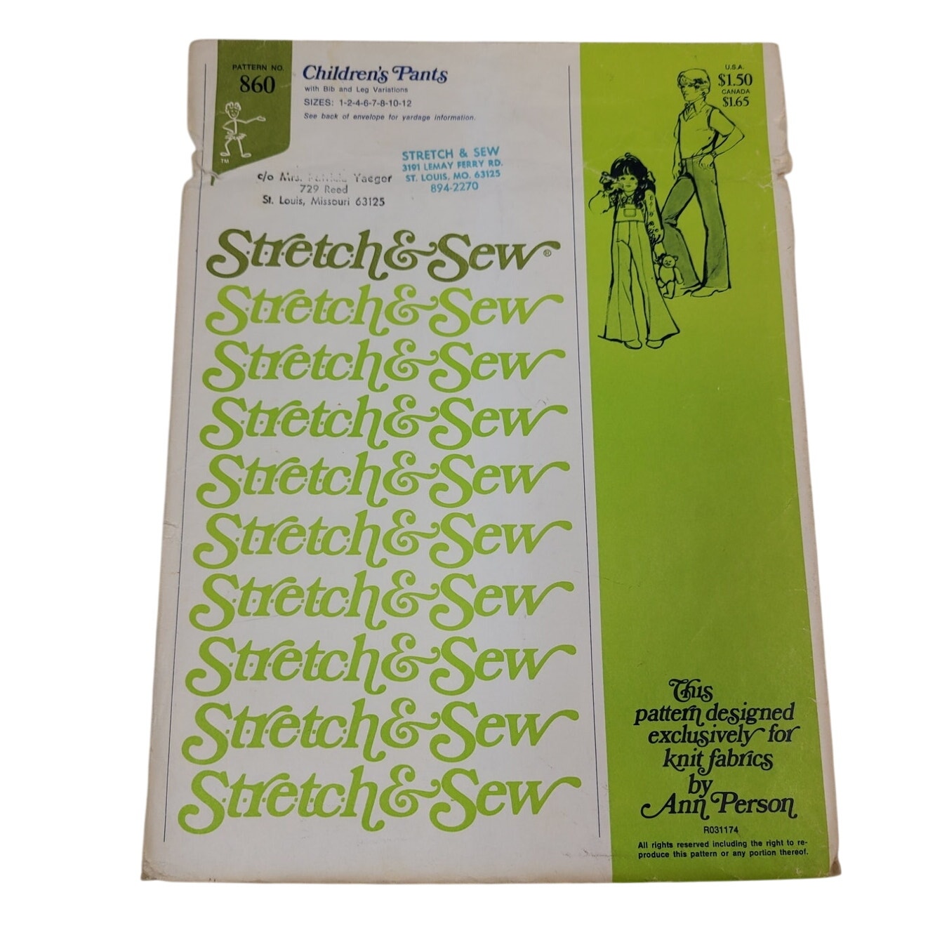 Vintage 1974 Stretch & Sew 860 Childrens Pants Uncut Sewing Pattern