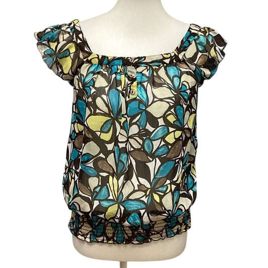 BCX Medium Sheer Gathered Waist Boatneck Ruffled Sleeve Geometric Floral Blouse